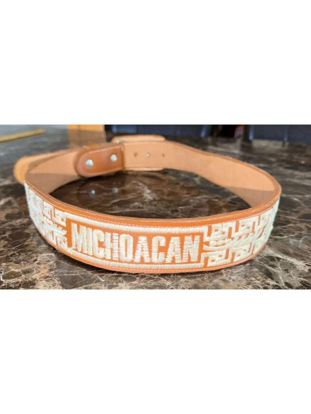 Michoacan Piteado Western Belt Size 38 Tan Cream Embroidery Charro Cinto